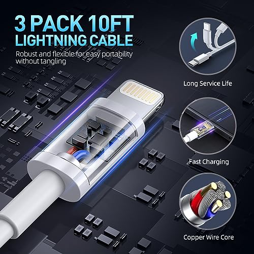 Ultimate Fast Charging Solution for i Phone: 3-Pack MFi Certified USB-C Wall Charger with 10 FT Lightning Cables for i Phone 14 Pro Max, 13, 12 Mini, 11, XR, XS, X & SE – Unmatched Speed & Convenience for Every Apple User
