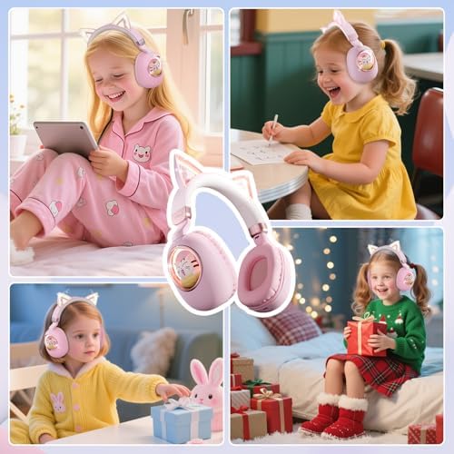 Bluetooth Cat Ear Kids Headphones – Wireless & Wired Over-Ear Noise Cancelling with Microphone, LED Lights, 85 d B Volume Limit for Safe Listening – Ideal for Travel & Home Use, Ultimate Comfort & Compatibility
