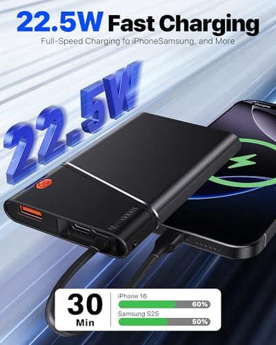 Ultra-Slim 10000 m Ah Power Bank with 22.5 W PD Fast Charging – Built-in USB-C Cable for i Phone 16/15/14, Samsung S24 & More – Lightweight Travel Essential with 15-Layer Safety Protection & Multiple Device Charging Capability