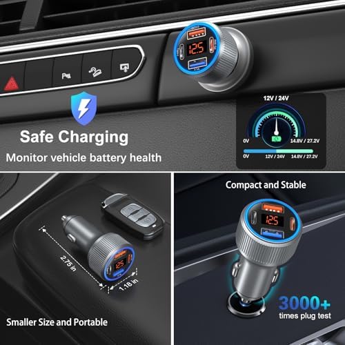 Premium 65 W Multi-Port USB C Car Charger for i Phone 16/16 e/15 Pro Max & Samsung Galaxy Devices – Dual USB-C Fast Charging Adapter with Integrated Voltmeter for Safe, Efficient Power Delivery on the Go – Ideal for Family Road Trips & Daily Commutes
