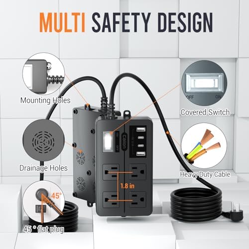 VNJ Outdoor Power Strip: 8 AC Outlets & 4 Fast USB Ports, IPX6 Waterproof Surge Protector with Safety Lock for Secure Connections, ETL-Certified 15 FT Extension Cord – Ideal for Home, Garden, and Commercial Applications