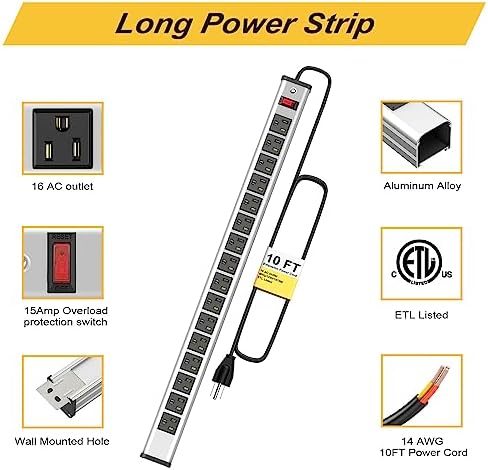 Maximize Workspace Efficiency with the 16 Outlet Heavy-Duty Power Strip – Metal Wall Mount Surge Protector, 10 FT Cord for Industrial Use – ETL Certified for Safety, Versatile Connectivity, and Robust Performance