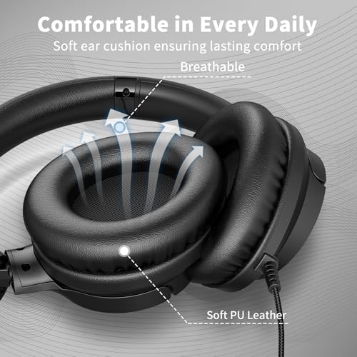 Versatile Over-Ear Wired Headphones with Integrated Microphone – Premium Sound Experience with Foldable Design and 4.9 ft Tangle-Free Nylon Cord – Perfect for Travel, Daily Use, and Multimedia Engagement (Black)