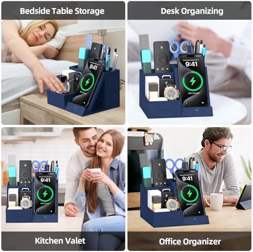 Premium PU Leather Wireless Charging Station & Desk Organizer for i Phones – Fast, Stylish Charging Dock with Integrated Pen Holder – Ideal Gift for Men and Essential Office Accessory in Elegant Black – Boost Productivity & Organize Your Workspace