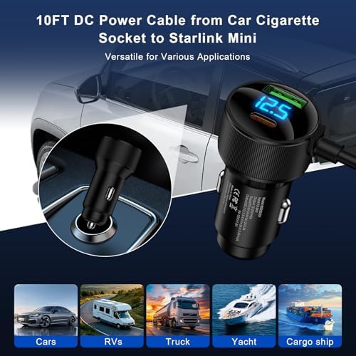 Starlink Mini Power Cable 10 FT – Versatile 3-in-1 Car Charger with Cigarette Lighter Adapter for 12 V-24 V Vehicles, Featuring Digital Display and Dual Fast Charging USB Ports (30 W USB-C PD & 18 W USB-A) for Enhanced Device Compatibility and Performance on the Go