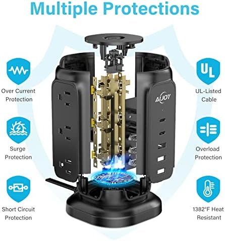 Maximize Your Power Potential with Ai Joy’s Space-Saving Flat Plug Power Strip Tower – 9 Outlets & 5 USB Ports (2 USB-C) for Rapid Charging, 1200 Joules Surge Protection, 6.5 Feet Extension Cord – Ideal for Home, Office, and Dorm Use – Durable, Efficient, and Compact Design for Uncluttered Charging Solutions