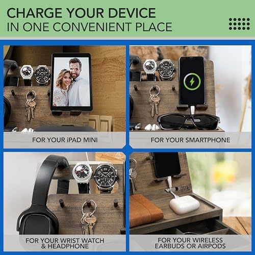 Nightstand Organizer- Rustic Bedside Organizer with Drawer for Cellphone, Watches, Headphone, Sunglasses, & Accessories- Makes an Ideal Gift for Dad or Son – Enhanced Compatibility and Speed