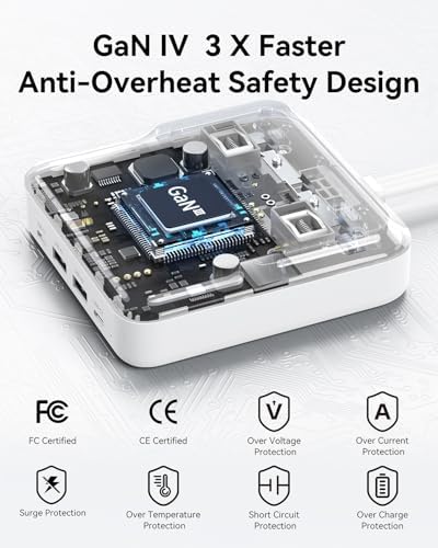 Ultimate 100 W Ga N USB-C Charging Station with Surge Protection – 6-Port Multi-Device Power Strip for Mac Book Pro, i Phone 16 Pro, and Chromebook – Space-Saving Flat Plug Design and 5 ft Extension Cord for Flexible Use – Perfect for Home and Travel