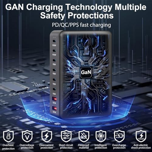 Ultra-Fast 500 W Ga N III 8-Port USB C Charging Hub – Multi-Device Fast Charger Station for Mac Book, i Phone, i Pad, Dell & More – Optimized for Speed and Versatility in Home & Office Charging Solutions
