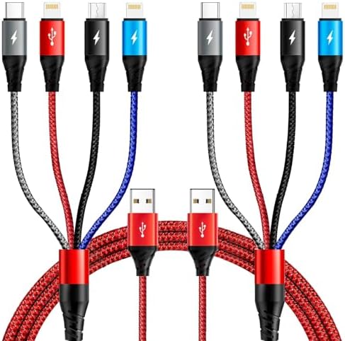 Universal 4-in-1 Fast Charging Cable Set [2 Pack, 6 ft] – Durable Braided USB Charger Cords with Lightning, Type C & Micro USB Ports for i Phone, Samsung Galaxy, Tablets & More – High-Speed 3.5 A Compatibility for All Your Devices