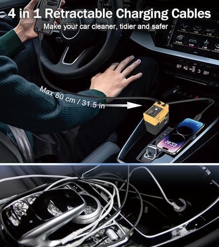 4-in-1 Retractable Car Charger with 66 W Fast Charging – Dual Retractable Cables & USB-C/USB-A Ports for i Phone 16/15/14/13/12/11, Samsung Galaxy, Pixel – Sleek White Design for Ultimate Travel Convenience and Device Compatibility
