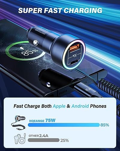 75 W USB-C Car Charger with 6 ft Coiled Cable – Ultra-Fast PD & QC3.0 Charging for i Phone 15/14, i Pad Pro, Samsung S23 Ultra, and Android – Optimal Compatibility & Performance on the Go