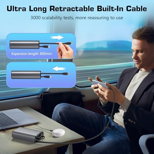 MQOUNY 4-in-1 Retractable Power Bank – 10,000 m Ah Fast Charging Portable Charger with 2.9 ft Built-in Cable, 22.5 W Multi-Device Compatibility for i Phone 16/15/14/13, Mac Book, Galaxy – Ultimate Travel Essential for On-the-Go Charging