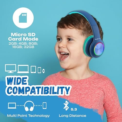 Vibrant Power Locus PLED Kids Bluetooth Headphones – Safe Volume Control (74/85/94 d B), Fun LED Lights, Hi-Fi Sound, Built-in Microphone & Multi-Connectivity for Travel, Learning & Play – Perfect Over-Ear Design for Children