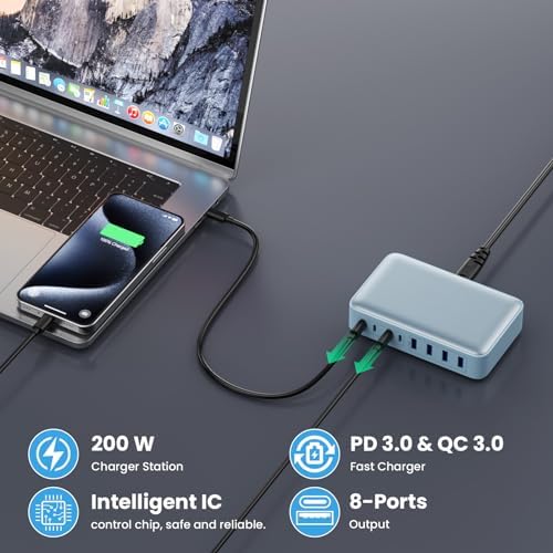 200 W Ga N III USB C Charging Hub – 6-Port Fast Charging Station for Laptops and Devices – PD 65 W Compatible with Mac Book Pro, i Pad, i Phone 15/16, Galaxy S23/S24, Steam Deck & More – Ultimate Universal Charger for Home, Office & Travel