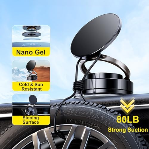 2025 Upgraded Vacuum Magnetic Car Phone Holder for Magsafe with N56 Grade Magnets, 360° Rotatable and 180° Flippable Car Phone Mount, Cell Phone Holders for Car & All Smartphones (Black) – Enhanced Compatibility and Speed