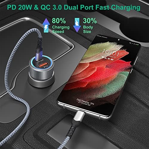 Bangfun 25 W Dual-Port USB-C Car Charger with 2 x 6.6 ft Cables – Ultra-Fast Charging for Samsung Galaxy S24/S23/S22/S21/S20 FE – Compact, Reliable, and Versatile Power Solution for On-the-Go Devices