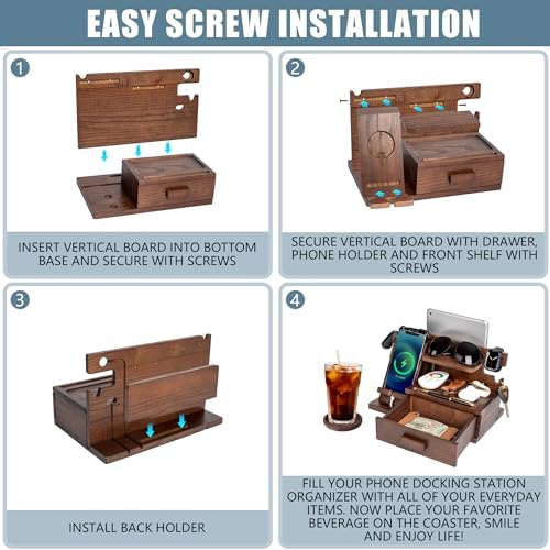 Black Wood Phone Docking Station with Drawer, Compatible with Apple Watch – Wood Charging Station Organizer Stand, Bedside Nightstand Organizer for Men, Holds, Tablet, Glasses, Keys, EDC – Enhanced Compatibility and Speed