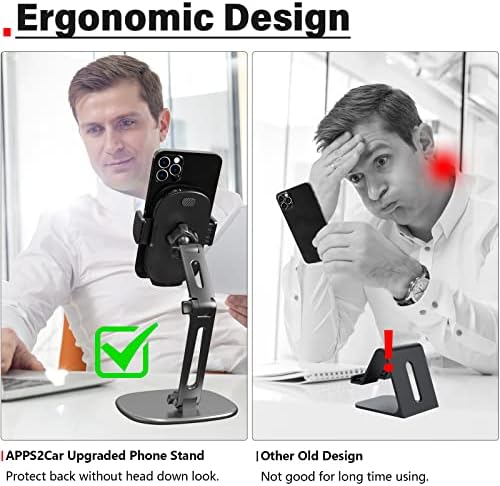 APPS2Car Phone Stand for Desk [No Dropping Stable Triple-Clamp Holder] Adjustable Height 360 Degree Rotation Heavy Base Thick Case Friendly, Multifunctional Cell Phones Stand for iPhone Android Phones – Enhanced Compatibility and Speed