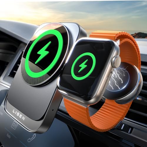 LISEN 2-in-1 Mag Safe Car Mount Charger: Fast Wireless Charging & Magnetic Holder for i Phone 12-16 & Apple Watch – Ultimate Convenience for On-the-Go Power Solutions Enhance your driving experience with the LISEN 2-in-1 Mag Safe Car Mount Charger, engineered for efficiency and style. This innovative accessory integrates a powerful 18 W wireless charger with a secure magnetic phone holder, perfect for keeping your i Phone (models 12-16, including Pro Max and Plus) and Apple Watch charged simultaneously. The robust magnetic grip ensures your devices stay stable even on bumpy roads, providing a hands-free navigation experience. Designed to fit seamlessly into most car air vents, this sleek charger not only simplifies your charging routine but also keeps your dashboard clutter-free. Built from high-quality materials, the LISEN car mount is both durable and easy to maintain, making it an essential addition to your car accessories. Elevate your on-the-go lifestyle with this fast, reliable charging solution that combines functionality and modern aesthetics.