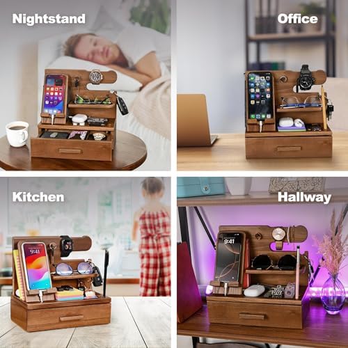 TESLYAR Wood Phone Docking Station with Drawer – Nightstand Organizer – Desk Organizer for Husband – Birthday Gifts for Men, Dad, Anniversary Idea, Key Holder Stand Watch & Accessories (Bourbon Brown) – Enhanced Compatibility and Speed