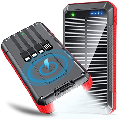 Ultimate Solar Power Bank – 33,800 m Ah Wireless Charger with 4 Built-in Cables & 7 Outputs, 22.5 W Fast Charging for Outdoor Adventures – LED Camping Lights, Weather-Resistant Design, Compatible with All Mobile Devices – Eco-Friendly Portable Charger in Red