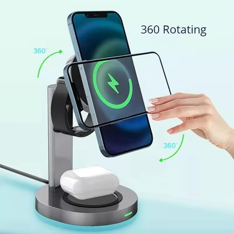 Qrion 15 W Magnetic 3-in-1 Wireless Charger Station – Premium Aluminum Alloy Dock for i Phone 15/14/13/12, Apple Watch & Air Pods Pro/3/2 – Fast Charging & Enhanced Compatibility with USB-C Cable – Sleek, Durable Design for Modern Homes and Offices