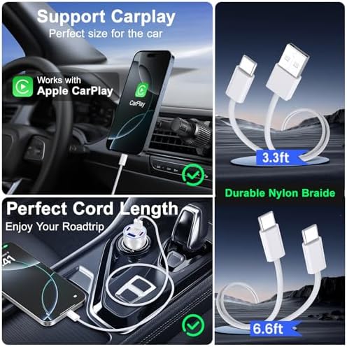 High-Powered 4-Port 65 W USB C Car Charger for Fast Charging – Dual USB-C & USB-A Ports with Included Car Play Cables, Compatible with i Phone 16/15/14/13/12 Pro Max, i Pad, Samsung S25 – Ultimate Solution for Road Trips and Daily Commutes