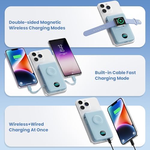 Ultimate 6-in-1 Magnetic Portable Charger, 10800 m Ah Power Bank for i Phone – Features Integrated Cables, Wireless Charging for Apple Watch, Smart LCD Display, and 25 W PD Fast Charging – Perfect Travel Accessory for All Devices with Enhanced Safety Features and Compatibility for i Phone 12 to 16 Series