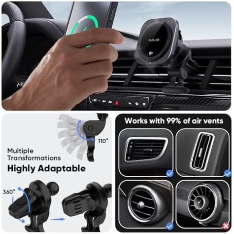 FLOLAB Qi2 15 W Wireless Car Charger for i Phone 12-16 – Magnetic Vent & Foldable Dashboard Mount with Advanced Cooling Technology for Rapid Charging – Ultimate Convenience for On-the-Go Power Management