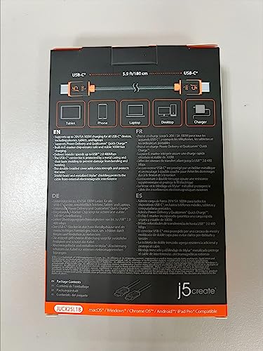 j5 create 100 W USB C to USB C Fast Charging Cable – 5.9 ft Double Braided Design with E-Marker Chip for Enhanced Compatibility and Speed – Ideal for Samsung Galaxy, i Pad Pro, Laptops, and More – Reliable Power and Data Transfer for Ultimate User Experience