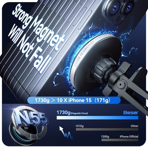 Enhance Your Driving Experience with the Beser 15 W Mag Safe Car Charger – Premium Magnetic Qi Wireless Mount for i Phone 15/14/13/12 Series, Rapid 15 W Charging, Robust 3.81 lbf Magnetic Grip, Elegant Aluminum Alloy Finish, Versatile Dashboard & Air Vent Compatibility, Effortless One-Handed Operation for Easy Navigation & Connectivity