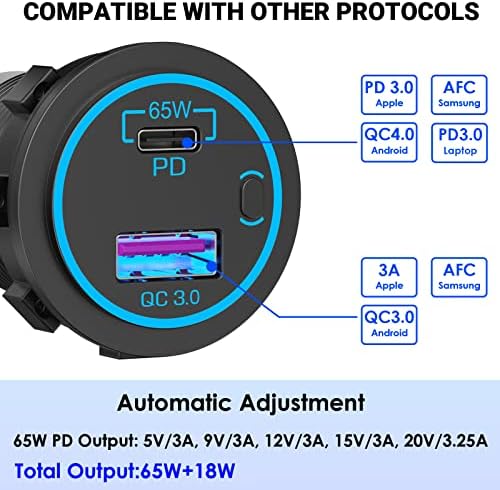 Ultimate 83 W 12 V USB Outlet Laptop Charger – Dual Fast Charge 65 W USB-C PD3.0 & 18 W QC3.0 Ports – Waterproof Multi-Car Socket with Energy-Saving Power Switch – Ideal for Cars, Boats, RVs, Trucks, and More – Unmatched Compatibility & Speed for All Devices