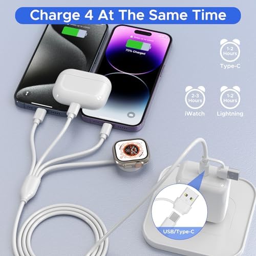 Universal 4-in-2 Multi Charging Cable for Apple Watch and USB-C Devices – Fast Charging, 4 ft Length, Dual Lightning & USB-C Connectors for i Phone 16, 15, 14, 13, and Galaxy S23/S22 – Perfect Travel Companion for Effortless Power Delivery and Enhanced Compatibility