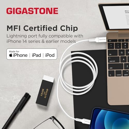 Gigastone 20 W USB-C Fast Charger with MFi Certified 5 FT Lightning Cable – High-Speed PD 3.0 Power Adapter for i Phone 14/13/12/11, i Pad, Air Pods & Apple Pencil – Ultimate Charging Solution for Apple Devices on the Go