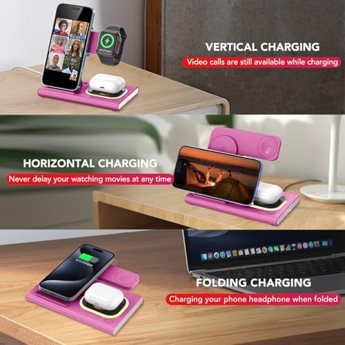 Ultra-Convenient 3-in-1 Foldable Wireless Charging Dock for Apple Devices – Rapid Power-Up Station for i Phone 16/15/14/13/12/11/X/XS, Apple Watch Series 10/9/8/7/Ultra2/Ultra/SE, and Air Pods Pro/2/3/4 – Lightweight Travel Charger with Integrated LED Light for Enhanced Portability and Efficiency