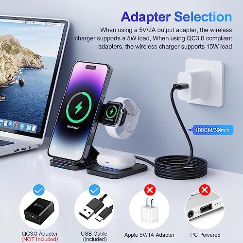 BEYIMEI 3 in 1 Wireless Charging Station: Fast, Multi-Device Power Hub for i Phone 15-8 Plus, Apple Watch Series 8-3, and Air Pods Pro 3 & 2 – Streamlined Convenience and Enhanced Compatibility for Effortless Charging