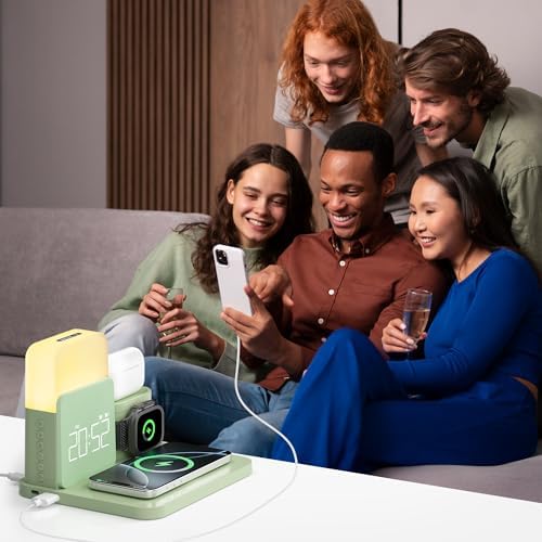 Multifunctional 7-in-1 Wireless Charging Station with Dual Alarm Clock – Seamlessly Compatible Dock for i Phone 16/15/14/13/12/11/Pro/Max, Samsung Phones, Apple Watch 9/8/7/6/5/SE, and Air Pods – Fast Charging, Night Light, and Safety Features for Ultimate Convenience and Style
