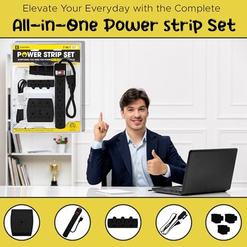Comprehensive 7-Piece Multi-Outlet Power Management Kit – Versatile 6 Outlet Power Strip, Dual Outlet Extenders, 5 Ft Indoor Extension Cord & 3 Prong Adapters for Enhanced Compatibility – Essential Home & Office Surge Protection Solution in Sleek White Design