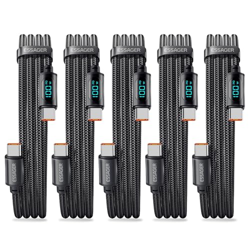 Revolutionize Your Charging Experience: ESSAGER 100 W USB-C to USB-C Cable with Innovative LED Display – Ideal for i Phone 15 Pro Max, Mac Book, Galaxy S23 & More – Durable 6.6 ft Braided Nylon for Ultimate Performance and Convenience