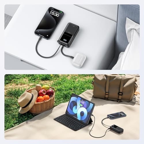 Ultimate 30 W Fast Charging Mini Power Bank for i Phone and Samsung – 10,000 m Ah Portable Charger with Built-In USB-C & Lightning Cables, LED Battery Indicator – Perfect Travel Companion for On-the-Go Charging