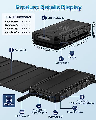 20000 m Ah Solar Power Bank: Ultimate Waterproof Portable Charger with Dual 3 A Fast Charging Outputs, 4 Efficient Solar Panels, and Built-in Flashlights for Outdoor Adventures, Camping, and On-the-Go Device Charging – Black Edition
