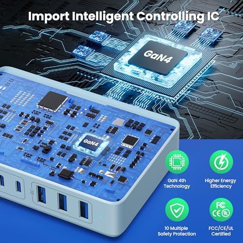 Revolutionary 300 W Ga N IV Technology USB-C Charging Hub – 8-Port Multi-Device Charger for Mac Book Pro/Air, DELL Laptops, i Phone 16/15/14 & Galaxy S25 – Sleek Navy Finish for Enhanced Home & Office Efficiency – Your Premier Solution for Rapid Device Power and Seamless Connectivity