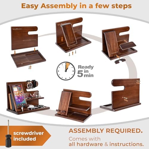 TESLYAR Wood Phone Docking Station for Men – Desktop or Nightstand Organizer – Birthday Gifts for Men, Dad – Anniversary Idea from Wife – Key Holder, Stand Wallet, Watch & Essentials (Antique Brown) – Enhanced Compatibility and Speed