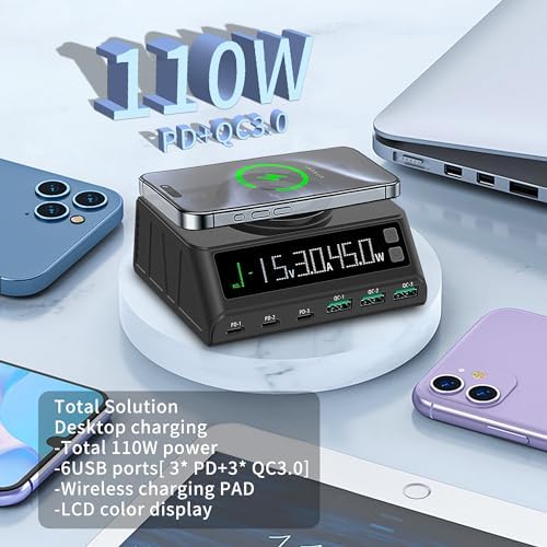 Power Up Your Devices with the 110 W USB C Multi-Device Charging Station – 6-Port Ga N Charger with Magnetic Wireless Dock for i Phone, i Pad, Samsung, Laptops & More – Sleek Black Design for Ultimate Space Efficiency and Versatile Compatibility