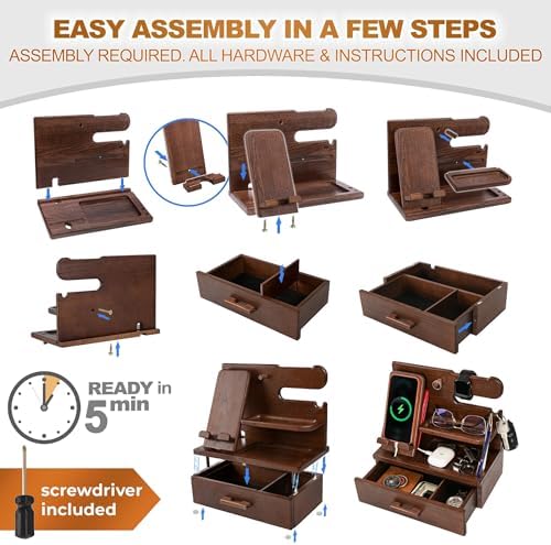 TESLYAR Wood Phone Docking Station with Drawer – Nightstand Organizer – Desk Organizer for Husband – Birthday Gifts for Men, Dad, Anniversary Idea, Key Holder Stand Watch & Accessories (Bourbon Brown) – Enhanced Compatibility and Speed