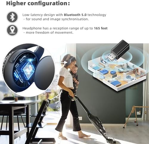 Experience the Freedom of Sound with BKM300 Premium Bluetooth Wireless Headphones – Perfect for TV Lovers, 165 FT Range, Crystal Clear Audio with Ultra-Low Latency, Versatile Connection Options (Optical, AUX, RCA, USB), 20-Hour Battery Life for Non-Stop Viewing, Effortless Plug & Play Setup for Instant Enjoyment