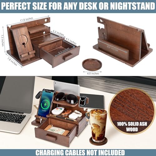 Black Wood Phone Docking Station with Drawer, Compatible with Apple Watch – Wood Charging Station Organizer Stand, Bedside Nightstand Organizer for Men, Holds, Tablet, Glasses, Keys, EDC – Enhanced Compatibility and Speed