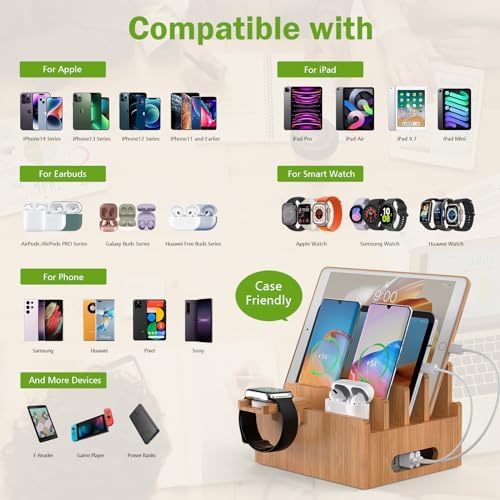 Eco-Friendly Bamboo Charging Station: Multi-Device Organizer with 5 USB Ports, Smartwatch & Earbuds Stand – Ultimate Desk Dock for Cell Phones and Tablets, Enhanced Speed & Compatibility
