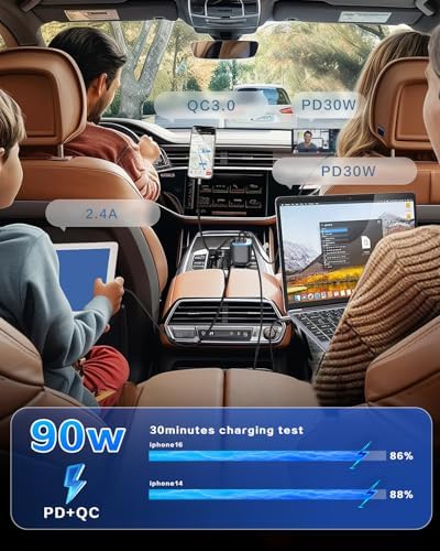Revolutionary 4-in-1 Retractable Car Charger – 90 W USB-C Fast Charging Adapter for i Phone 16 and More, Featuring Ambient LED Lighting for Enhanced Travel Comfort – Ideal Road Trip Essential for i Phone 16, Galaxy, Pixel, and Universal Devices – Achieve Maximum Charging Efficiency with Tangle-Free Design